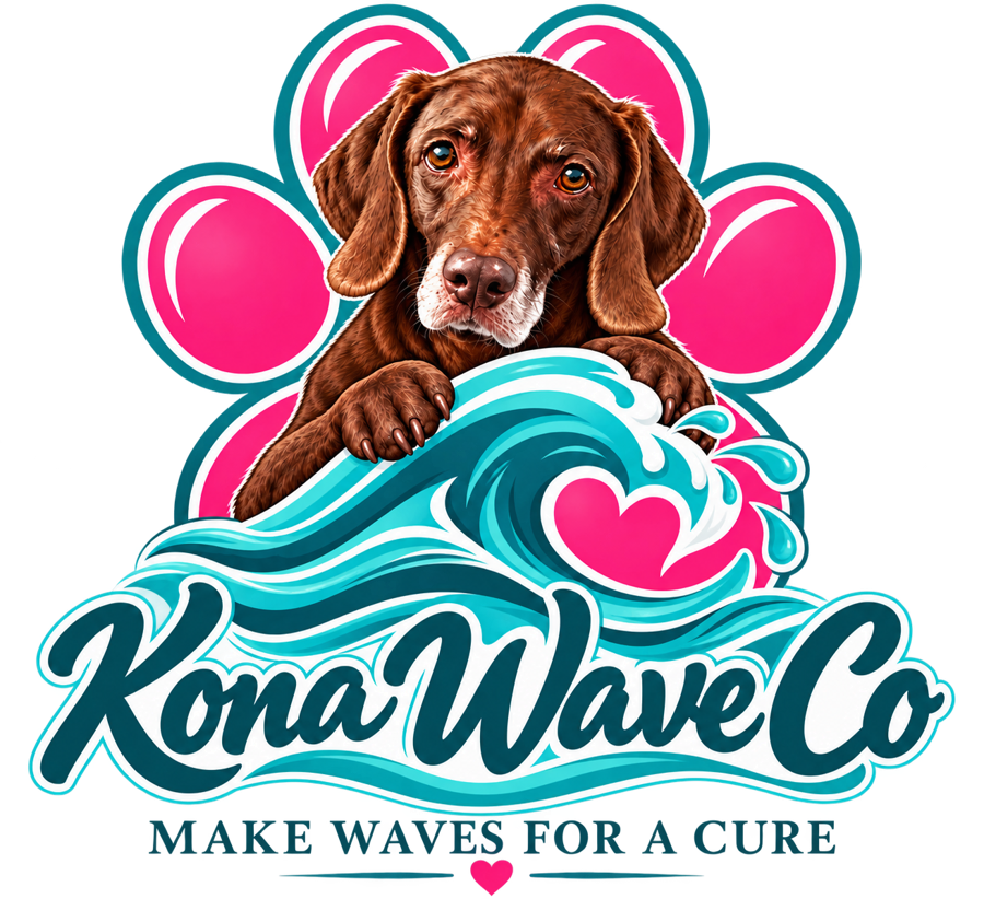 Kona Wave Co logo featuring a brown dog, turquoise waves and a pink paw